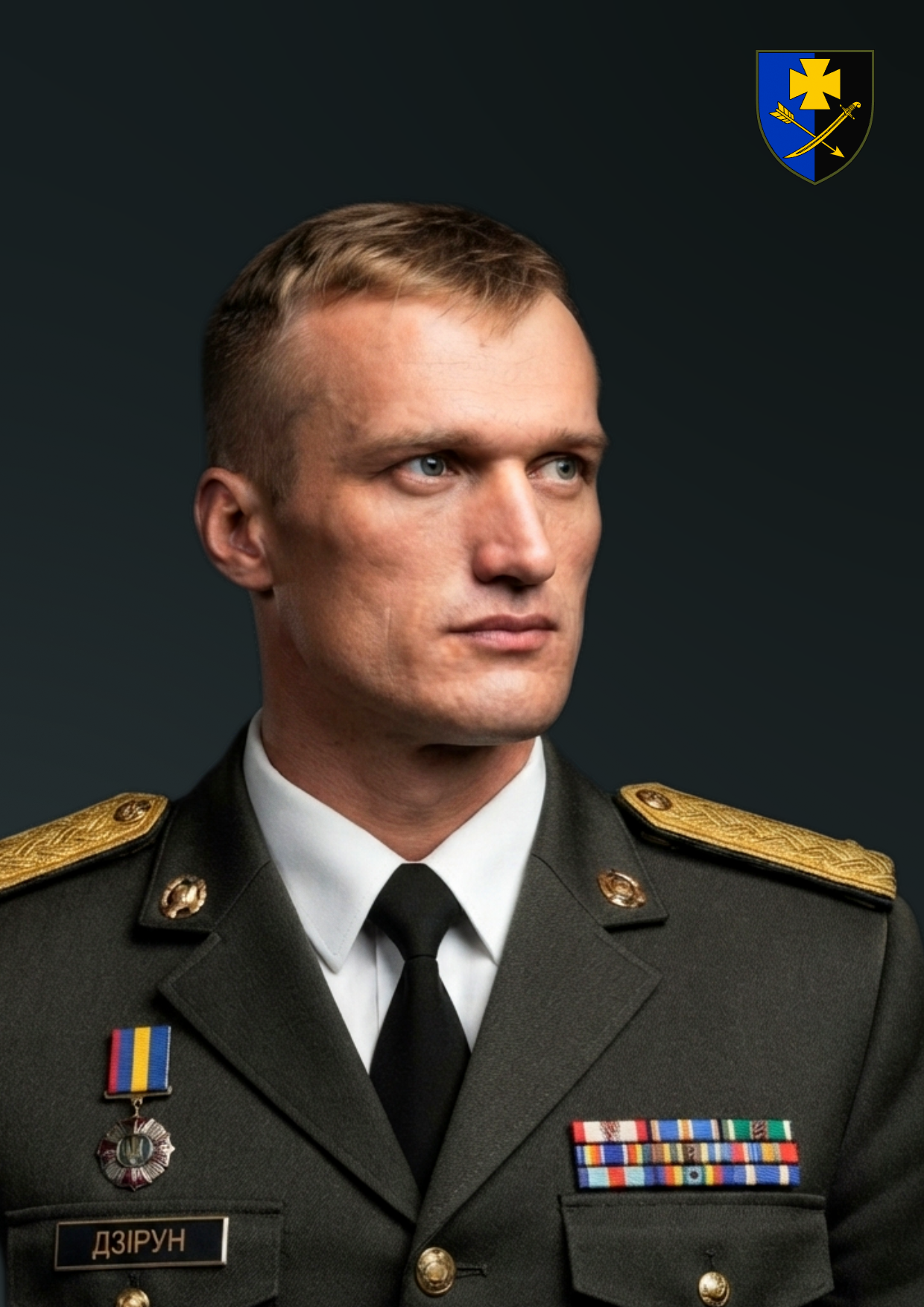 Портрет військового — формат A4, чорний фон, емблема бригади в кутку